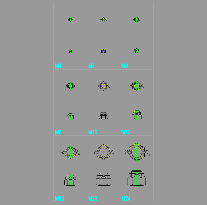 Bloque Autocad Juego varias medidas de TUERCAS HEXAGONAL ALMENADA DIN 935 NORMAL